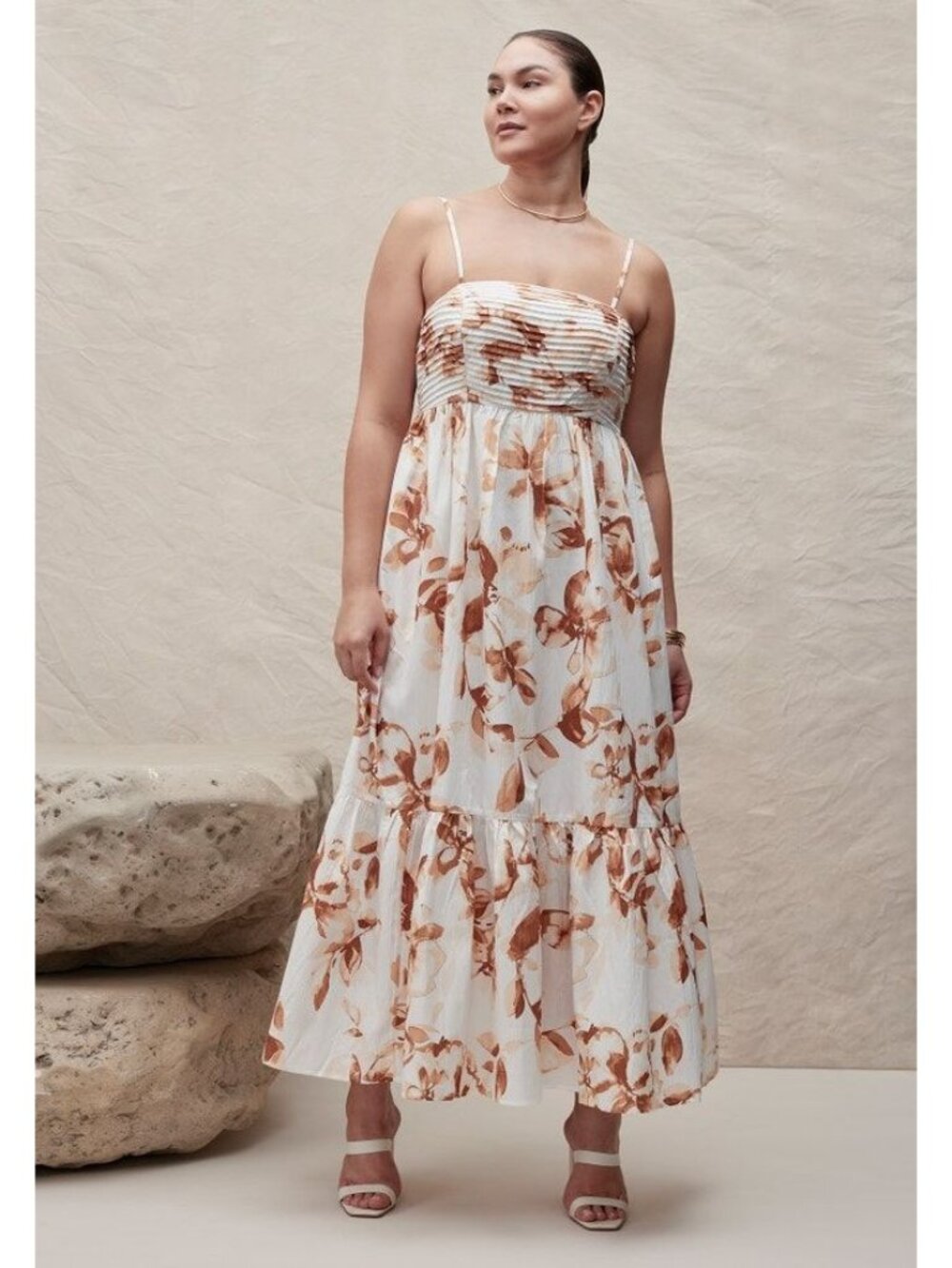 Eloquii‎ women's 16 ivory tan floral pintuck flare maxi dress tiered sleeveless